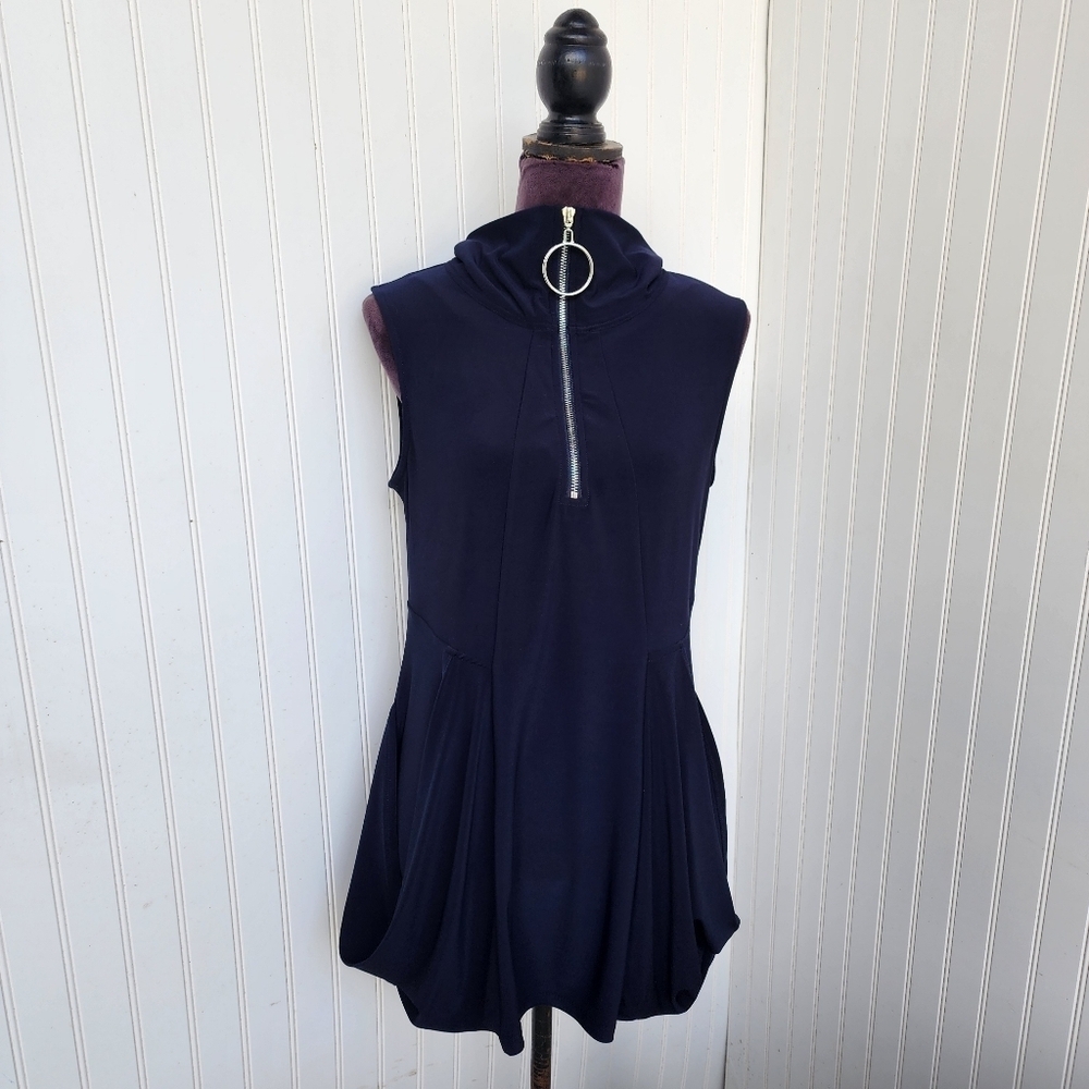 Coco Blanco Womens Navy Blue Zip Sleeveless Top Jacket Stretch Pockets Sz M
